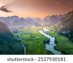 Aerial landscape in Phong Nam valley, Cao bang province, Vietnam with river, nature, rice fields, beautiful destination in Northern Vietnam. Travel and landscape concept. Nature background