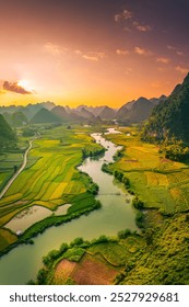 Aerial landscape in Phong Nam valley, Cao bang province, Vietnam with river, nature, rice fields, beautiful destination in Northern Vietnam. Travel and landscape concept. Nature background