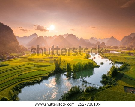 Aerial landscape in Phong Nam valley, Cao bang province, Vietnam with river, nature, rice fields, beautiful destination in Northern Vietnam. Travel and landscape concept. Nature background