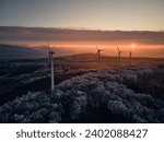 Aerial landscape photography of sunrise over frost-covered nature with wind turbines. Windmill in soft morning light with icy trees around. Concept of wind power as clean, renewable energy source.