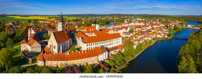 Aerial Landscape Of Small Czech Town Of Telc With Famous Main Square (UNESCO World Heritage Site). Aerial Panorama Of Old Town Telc, Southern Moravia, Czechia. Historic Centre Of Telc, Czech Republic.