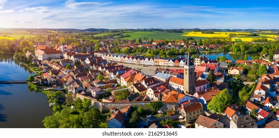 Aerial landscape of small Czech town of Telc with famous Main Square (UNESCO World Heritage Site). Aerial panorama of old town Telc, Southern Moravia, Czechia. Historic centre of Telc, Czech Republic. - Shutterstock ID 2162913645