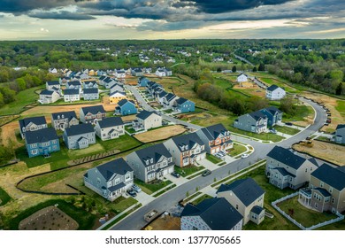 Aerial Landscape Of Typical American New Construction Neighborhood In Maryland For The Upper Middle Class, Single Family Homes Real Estate