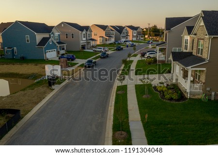 Aerial landscape of typical American new construction neighborhood in Maryland for the upper middle class, single family homes real estate
