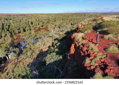 Aerial Landscape View Of Australian Man  Standing On A Cliff Looking At Fortescue River In Millstream Chichester National Park In The Pilbara Region Western Australia