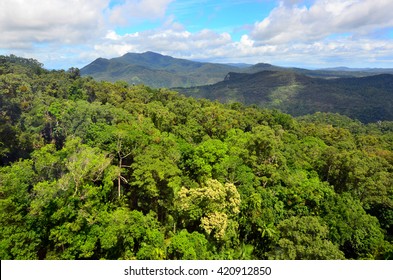 Aerial Landscape View Of Barron Gorge National Park A World Heritage In Atherton Tablelands / Cairns Highlands At The Wet Tropics Of Queensland, Australia. No People. Copy Space