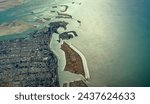 Aerial landscape view of Downtown area of City of Abu Dhabi, capital of Emirate of Abu Dhabi in UAE, located on a island in the Persian Gulf, with Corniche and Lulu Island