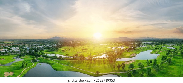 Aerial landscape view of expansive golf course featuring lush fairways. Bangkok, Thailand. Neatly arranged sand traps landscape, Several water bodies and rich canopy of trees. - Powered by Shutterstock