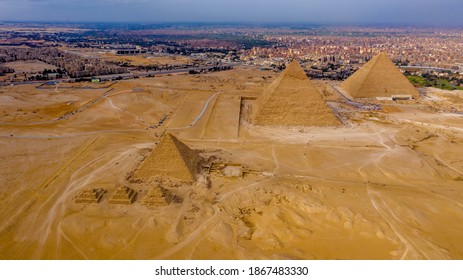 Aerial Landscape View Of Giza Pyramids. Historical Egypt Pyramids Shot By Drone.