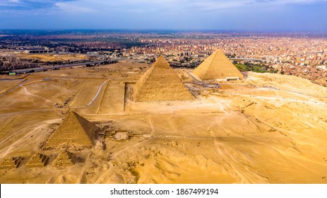 Aerial Landscape View Of Giza Pyramids In Egypt Shot By Drone.