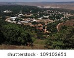 Aerial landscape view of kibbutz Merom Golan an Israeli settlement in the Golan Heights, Israel. No people. Copy space