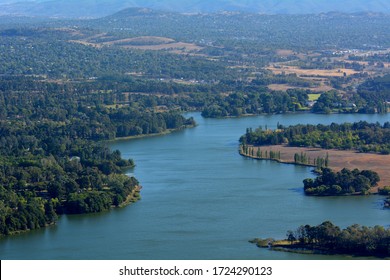 Aerial Landscape View Lake Burley Griffin In  Canberra The Capital City Of Australia Located In The ACT, Australian Capital Territory, Australia.