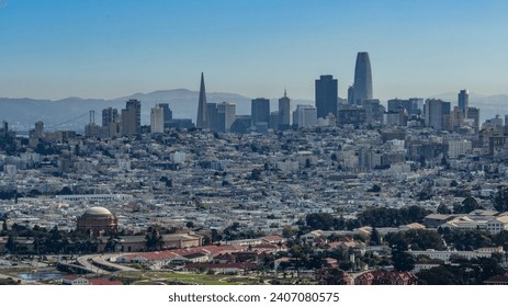 aerial landscape view of metropolitan area of San Francisco with the famous skyline in the background