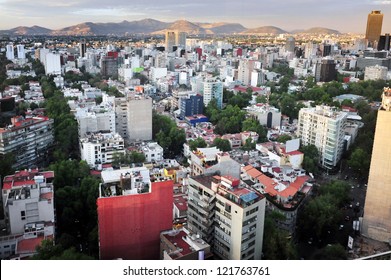 Aerial Landscape View Of Mexico City The Capital City Of Mexico.No People. Copy Space