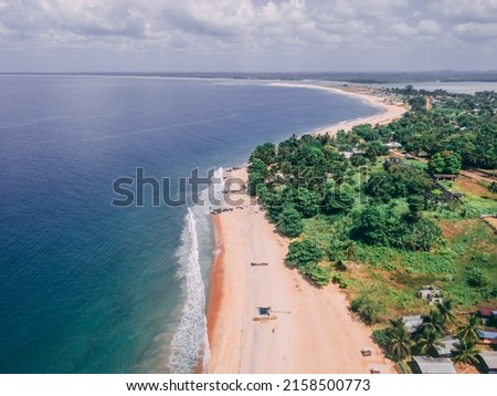 An aerial landscape view of the seaside in Robertsport, Liberia, West Africa
