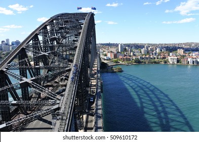 Aerial Landscape View Of Tourist Group Climbing On Sydney Harbour Bridge As Viewed From The South-eastern Pylon Tourist Lookout Looking Towards North Sydney, New South Wales Australia.