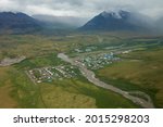 Aerial landscape view of the town of Anaktuvuk Pass, located in Gates of the Arctic National Park in northern Alaska.