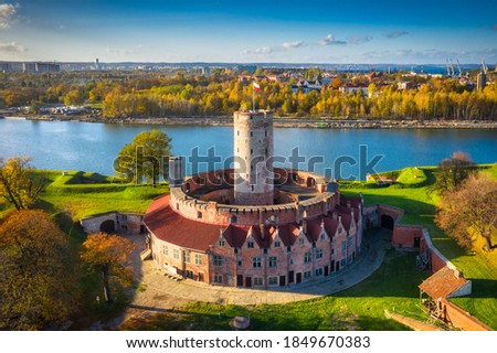 Aerial landscape of the Wisloujscie fortress in autumnal scenery, Gdansk. Poland.