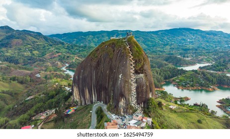 Aerial of large granite rock in Guatape, Colombia Medellin