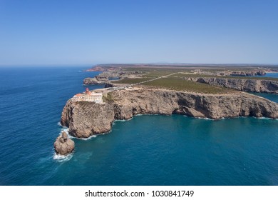 Aerial. Lighthouse Cabo Sao Vicente, Drone Filmed In Sagres.