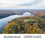 Aerial of Loch Raven Reservoir in Baltimore County, Maryland during Fall...