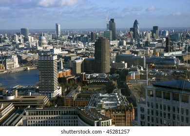 An Aerial Of London Showing St Paul's Cathedral The Natwest Tower The Gherkin And The River Thames