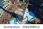 Aerial looking down at Soldiers and Sailors Monument and monument circle in Indianapolis, Indiana