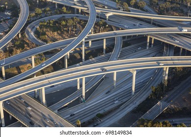 Aerial Of Los Angeles 110 And 105 Freeway Interchange In Southern California.