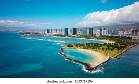 Aerial  Magic Island Lagoon, Oahu, Hawaii