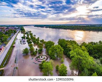 Aerial Of Mississippi River Flooding Near A Road And In Forested Areas