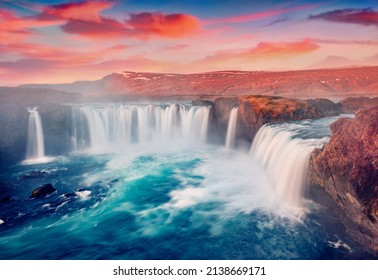 Aerial morning view of Skjalfandafljot river, Iceland, Europe. Stunning summer sunrise on Godafoss with sift waters cascade. Beauty of nature concept background.