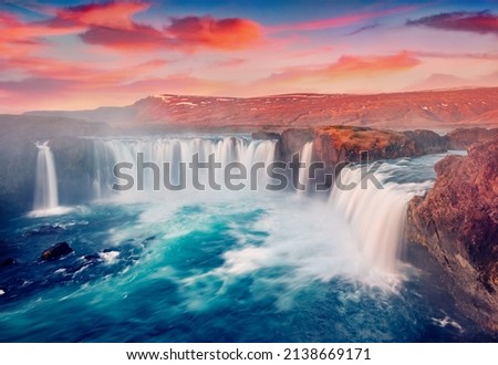 Aerial morning view of Skjalfandafljot river, Iceland, Europe. Stunning summer sunrise on Godafoss with sift waters cascade. Beauty of nature concept background.
