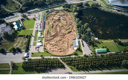 Aerial Of Motocross Dirty Track Among Trees And Lawns