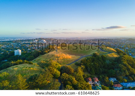 Aerial of the Mount Eden volcano in Auckland, Newzealand.