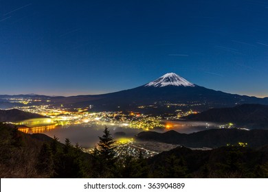 Aerial Mount Fuji With Kawaguchiko Lake At Night