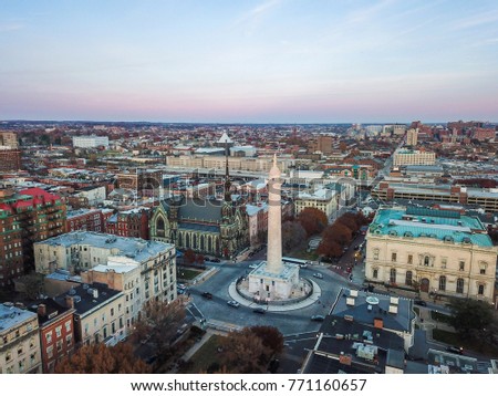 Aerial of Mount Vernon Place in Baltimore, Maryland looking at the Washington Monument