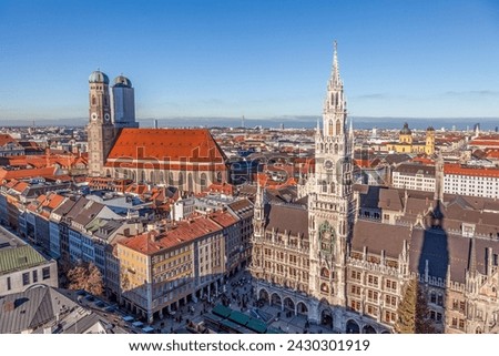 aerial of Munich in beautiful weather with church of our lady and historic town hall
