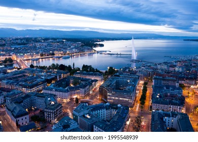 Aerial  night view of Geneva city waterfront skyline in Switzerland - Shutterstock ID 1995548939