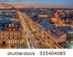 Aerial  night view of the old town and downtown of Vilnius, Lithuania. Gediminas avenue, Gedimino prospektas, the main street. Beautiful representative picture of the Baltic States and Eastern Europe.