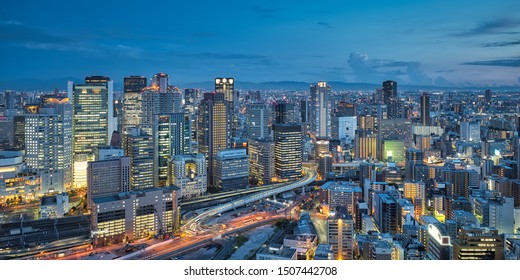 Aerial night view of Osaka city - Asia business city concept image, panoramic modern metropolis bird’s eye view at evening, shot in Umeda Sky Building observatory, Osaka, Japan. - Shutterstock ID 1507442708