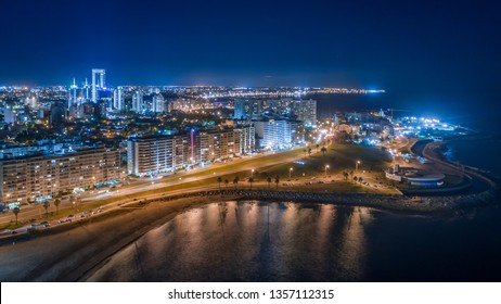 Aerial Night View Over Montevideo City. Uruguay.