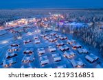 Aerial night view of Santa Claus Village in Rovaniemi in Lapland in Finland.