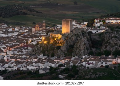 Aerial Night View Of The Town Of Cañete La Real In The Province Of Malaga. Andalusia, Spain