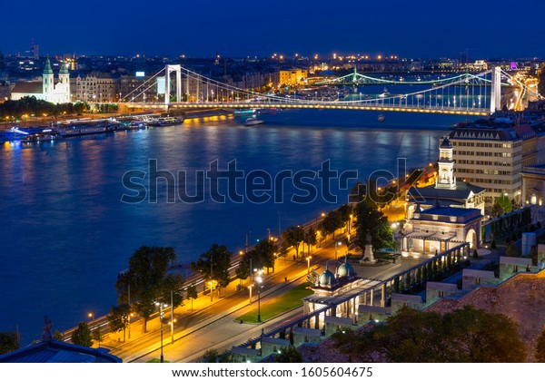 Aerial night vision at Budapest with Elisabeth\
Bridge over Danube river