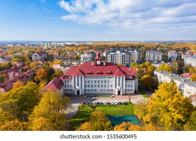 Aerial: The Old Building Of University In Kaliningrad, Autumn Time