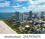 Aerial on Miami skyscraper. Aerial Miami south beach. Cityscape landscape in South Beach. Florida panorama. Skyscraper architecture of Miami. City downtown. Miami South beach landscape aerial view