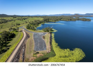 Aerial Over Teemburra Dam Australia Boat Ramp Car Park And Rock Wall, Showing Water Expanse