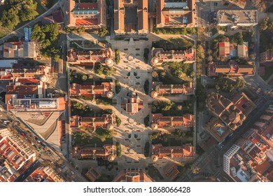 Aerial Overhead Drone Shot Of Building In Barcelona In Morning