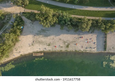 Aerial Overhead Drone Shot Of FKK Beach At Lake Jarun In Southeast Zagreb In Croatia