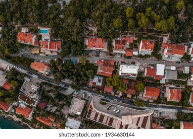 Aerial Overhead Drone Shot Of Residential Area Near Sunset Beach In Dubrovnik In Croatia After Sunset